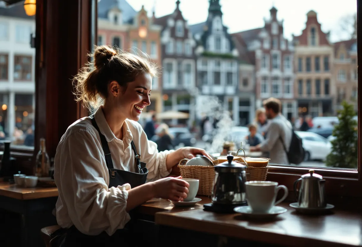Een lachende jongedame serveert koffie in een gezellig café in Menen, met uitzicht op de historische gebouwen van de Grote Markt.