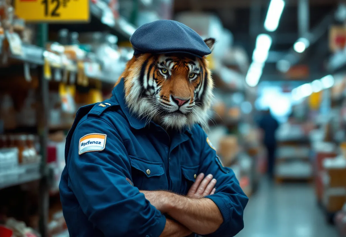 Een opgewekte veertiger in een blauw uniform scant dozen in een magazijn in Menen terwijl de avondzon schittert door het laadperron, een scene van bijverdienste na kantoortijd.