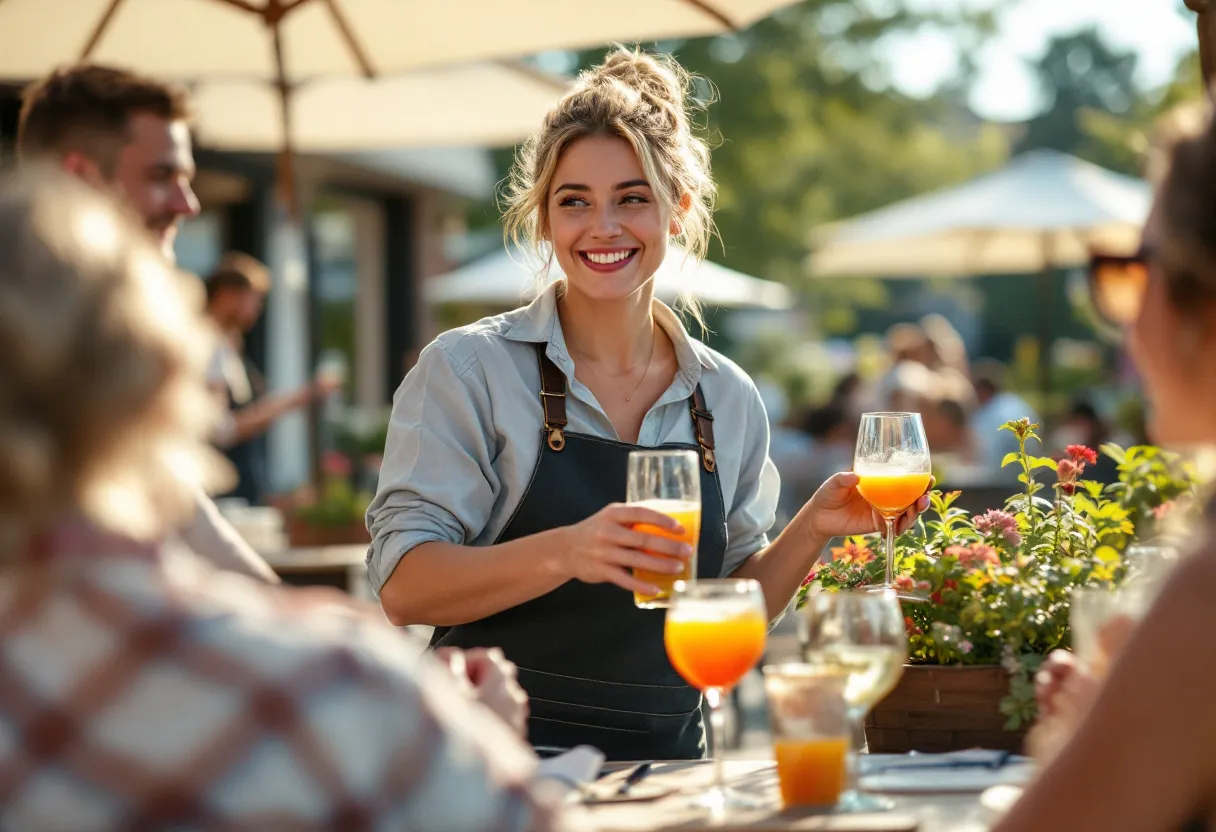 Een vrolijke flexi-jobber in een horecazaak in Menen serveert met een glimlach drankjes aan gasten op een zonnig terras.