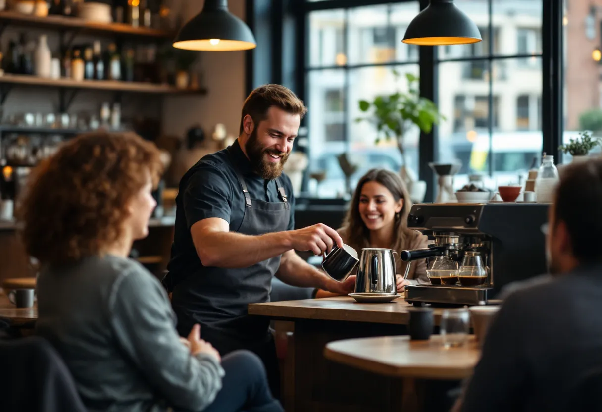 Een lachende barista in een café in Menen schenkt een kop koffie uit een groot koffieapparaat, terwijl een paar klanten aan tafeltjes zitten te genieten.