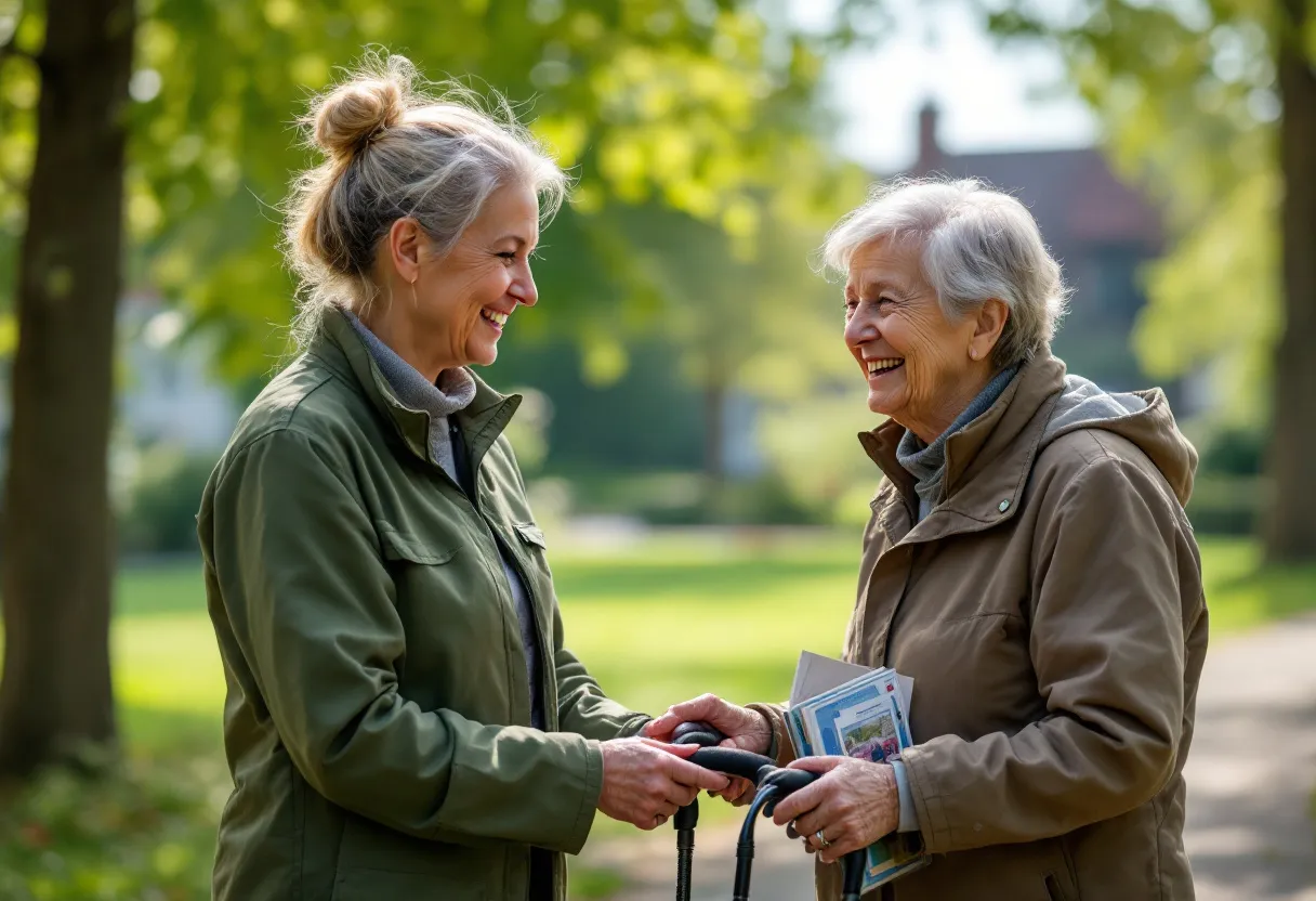 Een glimlachende zorgkundige in uniform helpt een oudere dame met een wandeling in het zonovergoten stadspark van Menen, met op de achtergrond de typische bakstenen gevels van de stad.