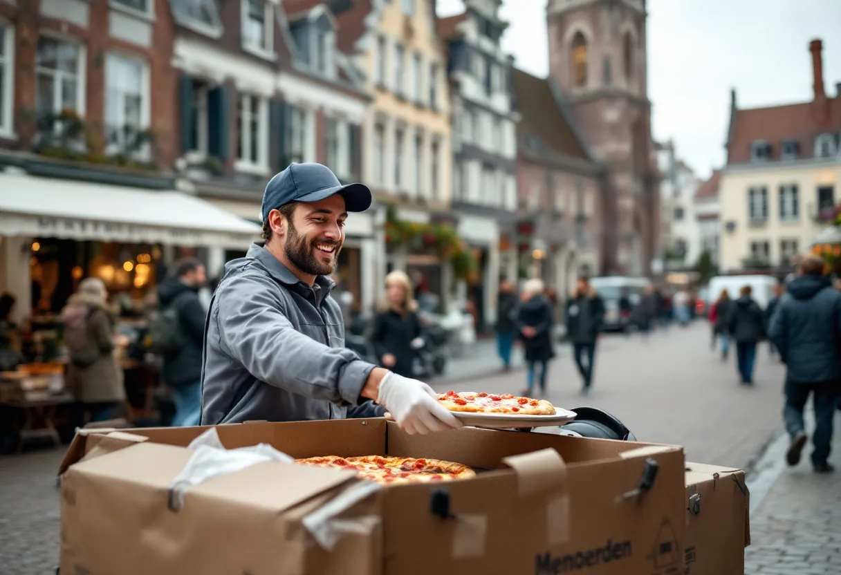 Een man in een bezorguniform glimlacht terwijl hij een pizza uit een scooterkoffer haalt in een straat in Menen, met op de achtergrond de historische gevel van het Stadhuis van Menen en voorbijgangers op de markt.