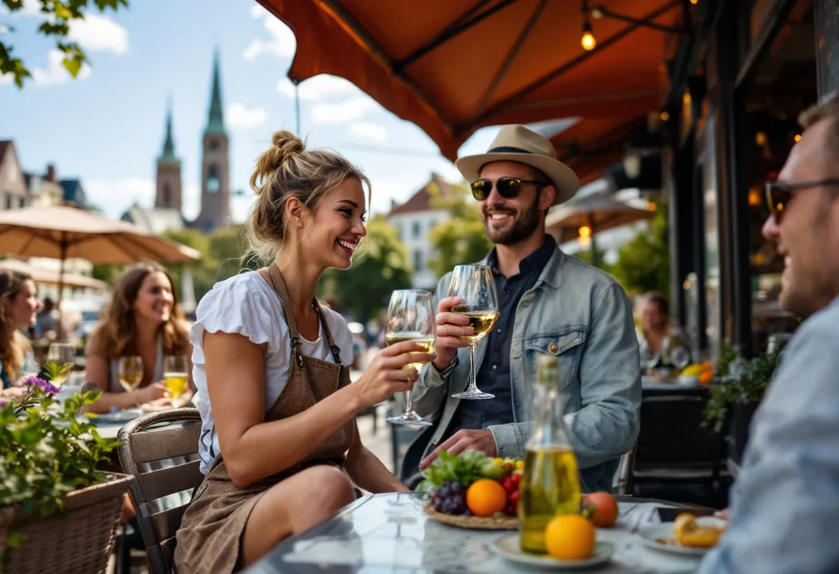 Een vrolijke jonge vrouw serveert glazen wijn op een zonnig terras aan de Grote Markt in Menen, met de Sint-Vaastkerk zichtbaar op de achtergrond, terwijl gasten genieten van de gezellige sfeer.