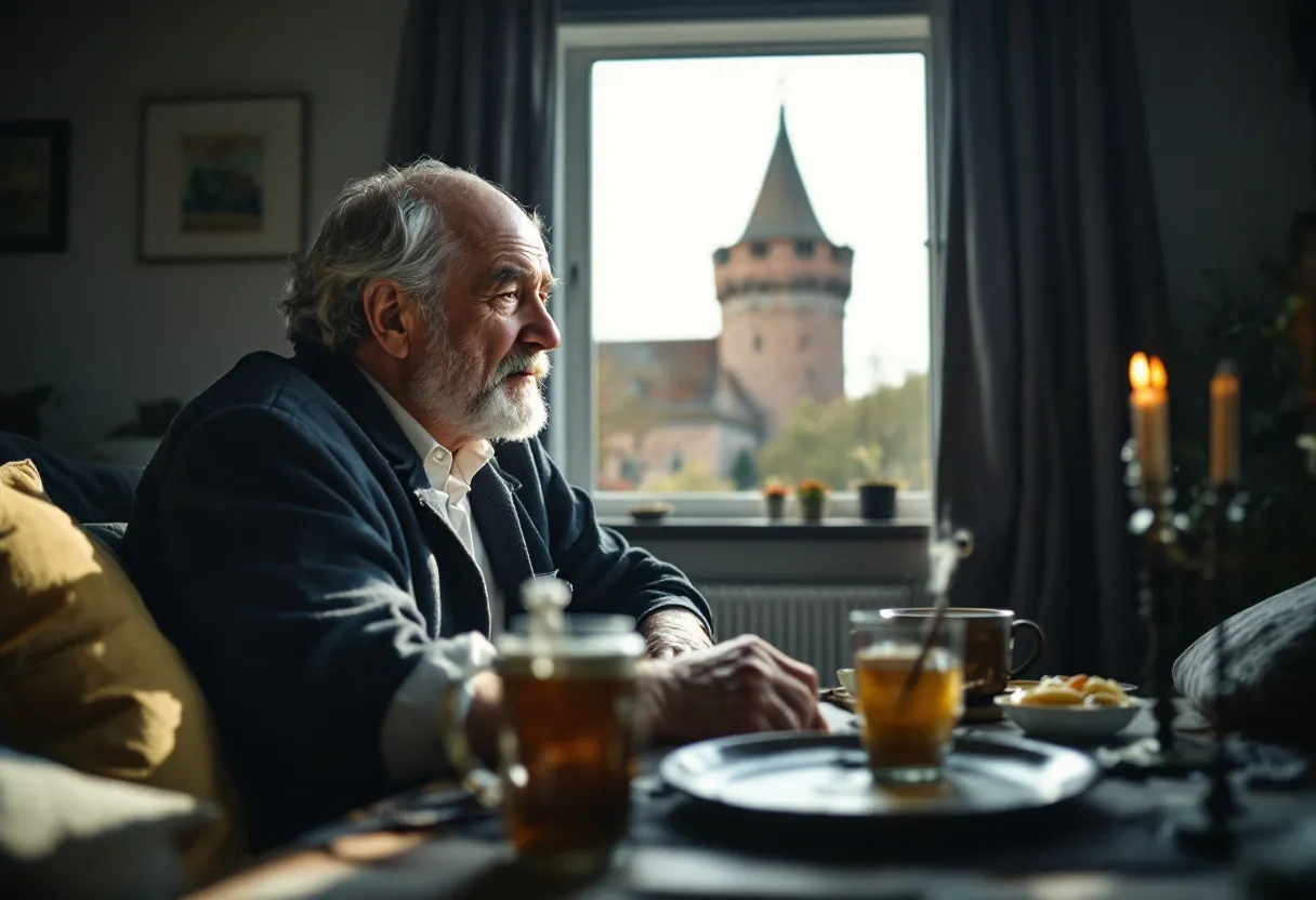 Een glimlachende poetshulp met een emmer en dweil in een zonovergoten appartement in Menen, met op de achtergrond het Belfort van Menen zichtbaar door het raam.