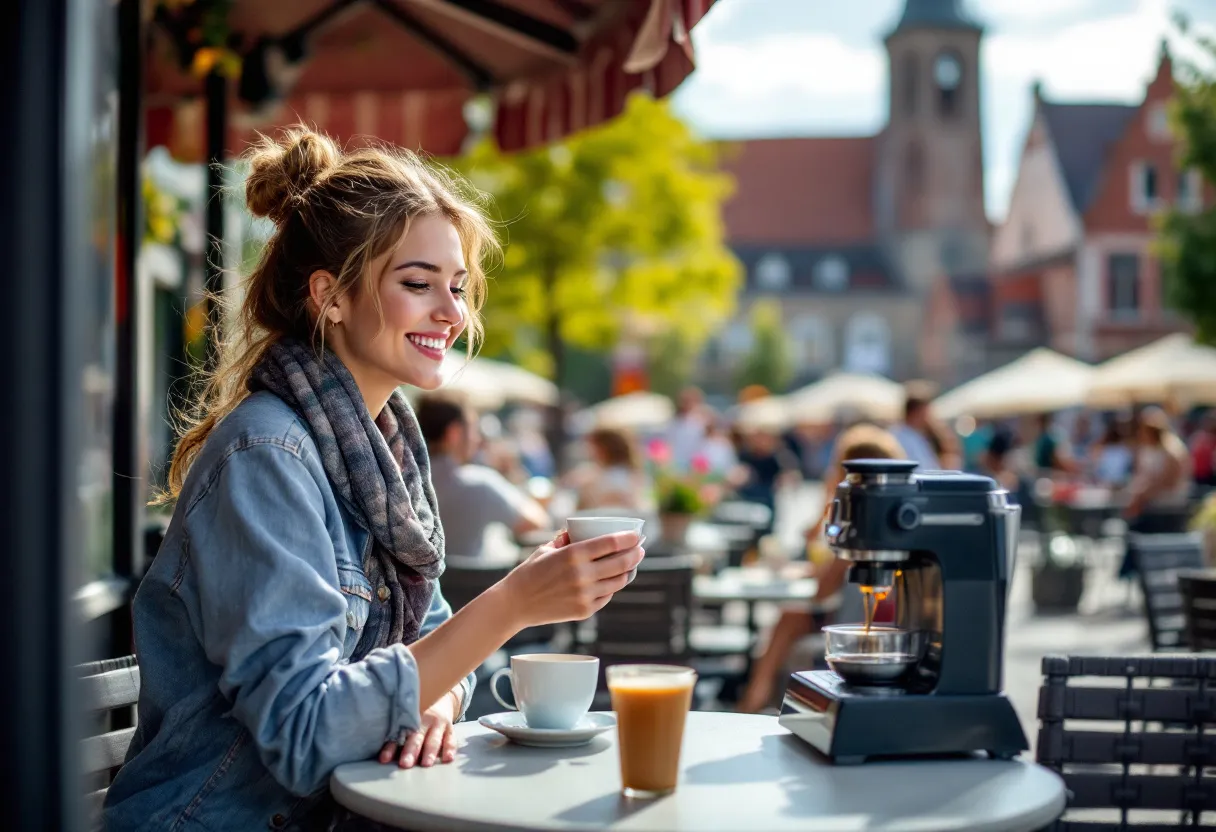 Een jonge vrouw met een vrolijke glimlach serveert koffie op een zonnig terras aan de Grote Markt in Menen, met de historische Sint-Vedastuskerk en kleurrijke gevels op de achtergrond.