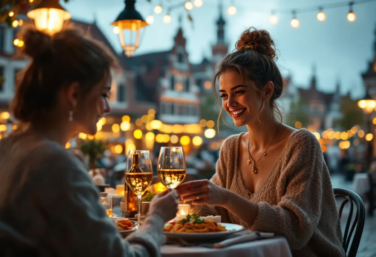 Een fotorealistische scène van een jonge vrouw die 's avonds in een restaurant in Menen een bestelling opneemt van een glimlachend koppel, met op de achtergrond de verlichte Grote Markt van Menen.
